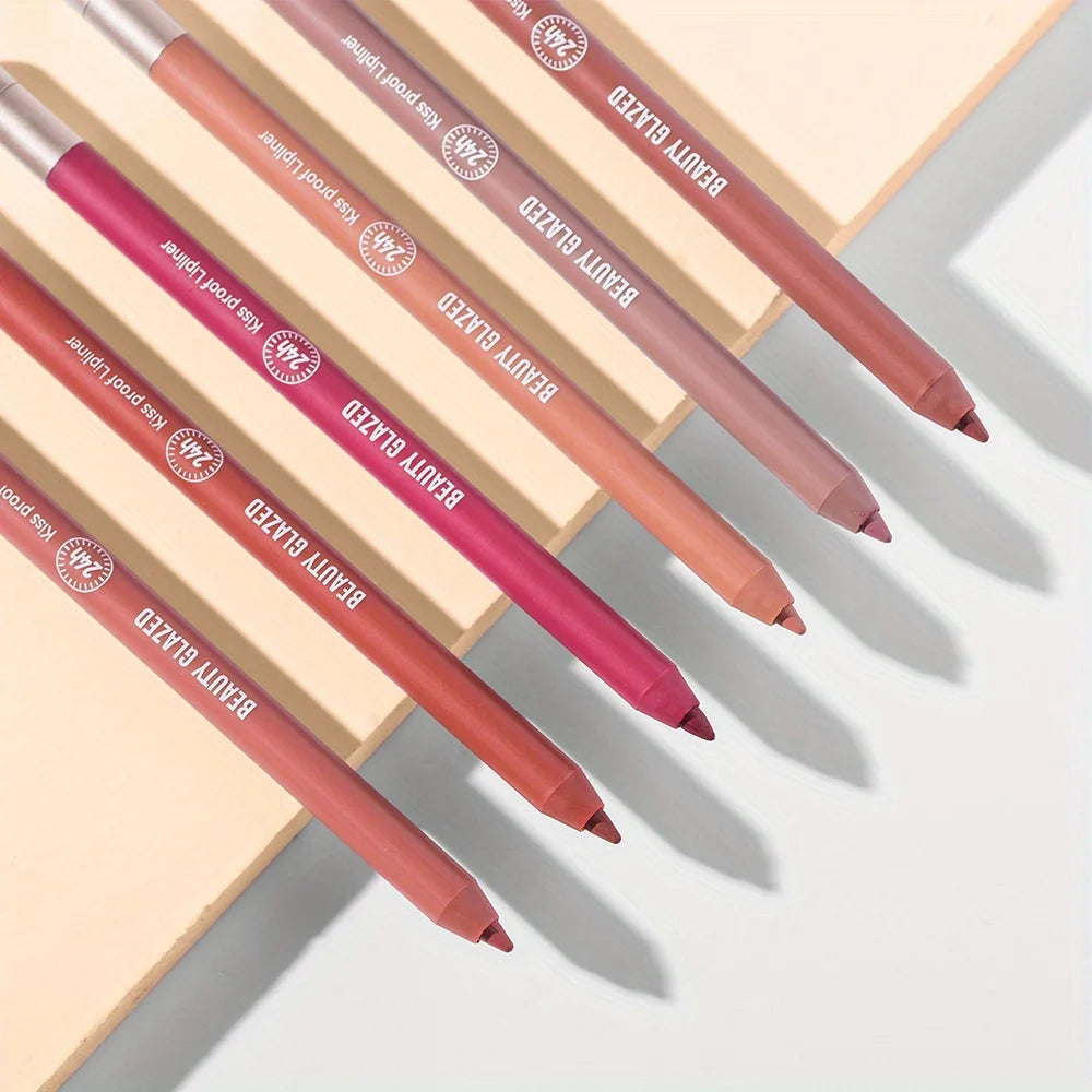Beauty Glazed waterproof matte lip liner pencils in assorted nude and pink shades for precise lip shaping.