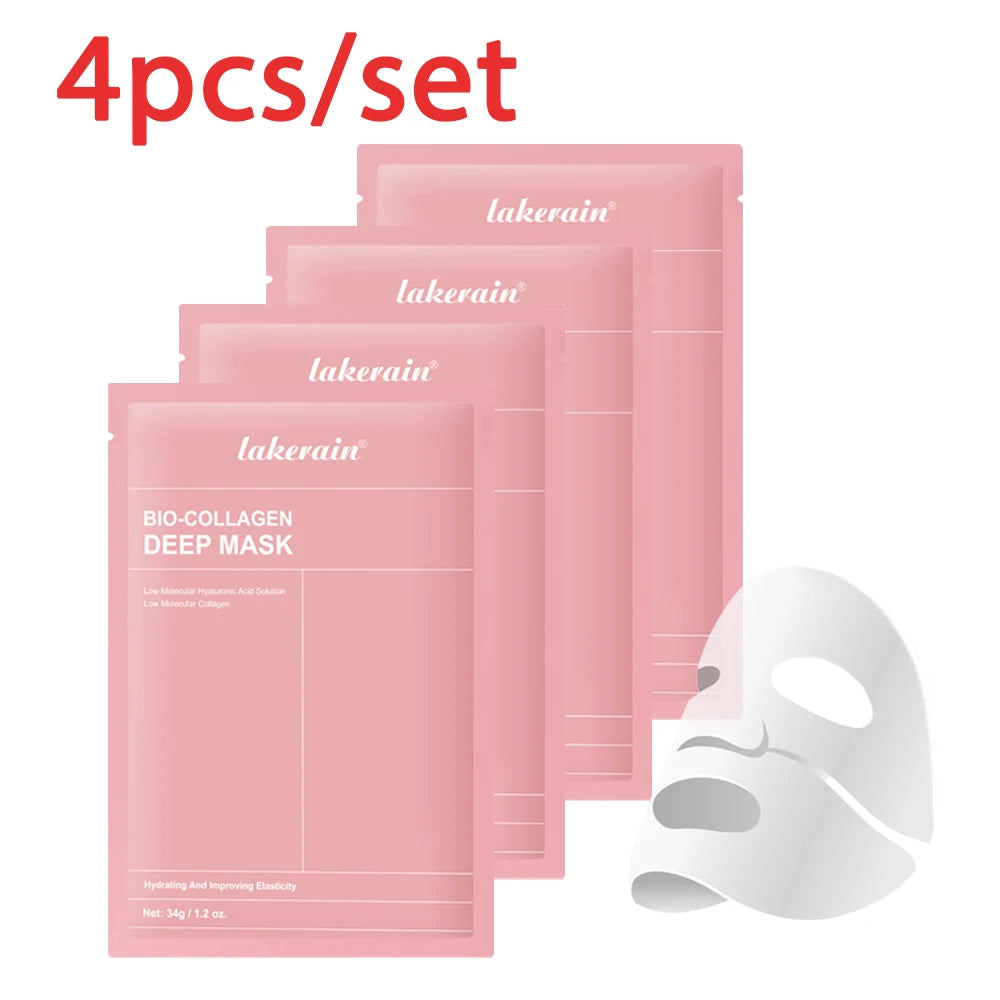 lakerain bio-collagen deep face mask pack set of 4, pink pouches with sheet-face icon