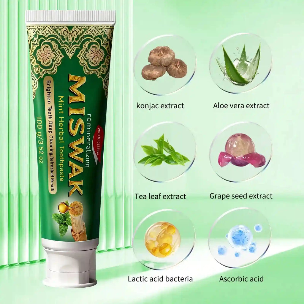 Tidesmit Miswak Remineralizing Mint Herbal Toothpaste tube for deep cleansing and natural teeth whitening.