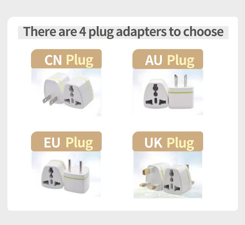 Set of 4 white universal power plug adapters for coffee maker, including CN, AU, EU, and UK plug types.