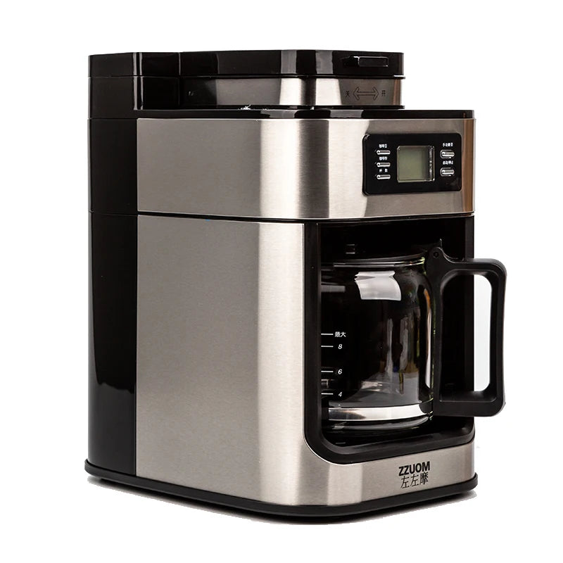 ZZUOM 8-cup stainless steel drip coffee maker with digital display, glass carafe, and sleek black accents.