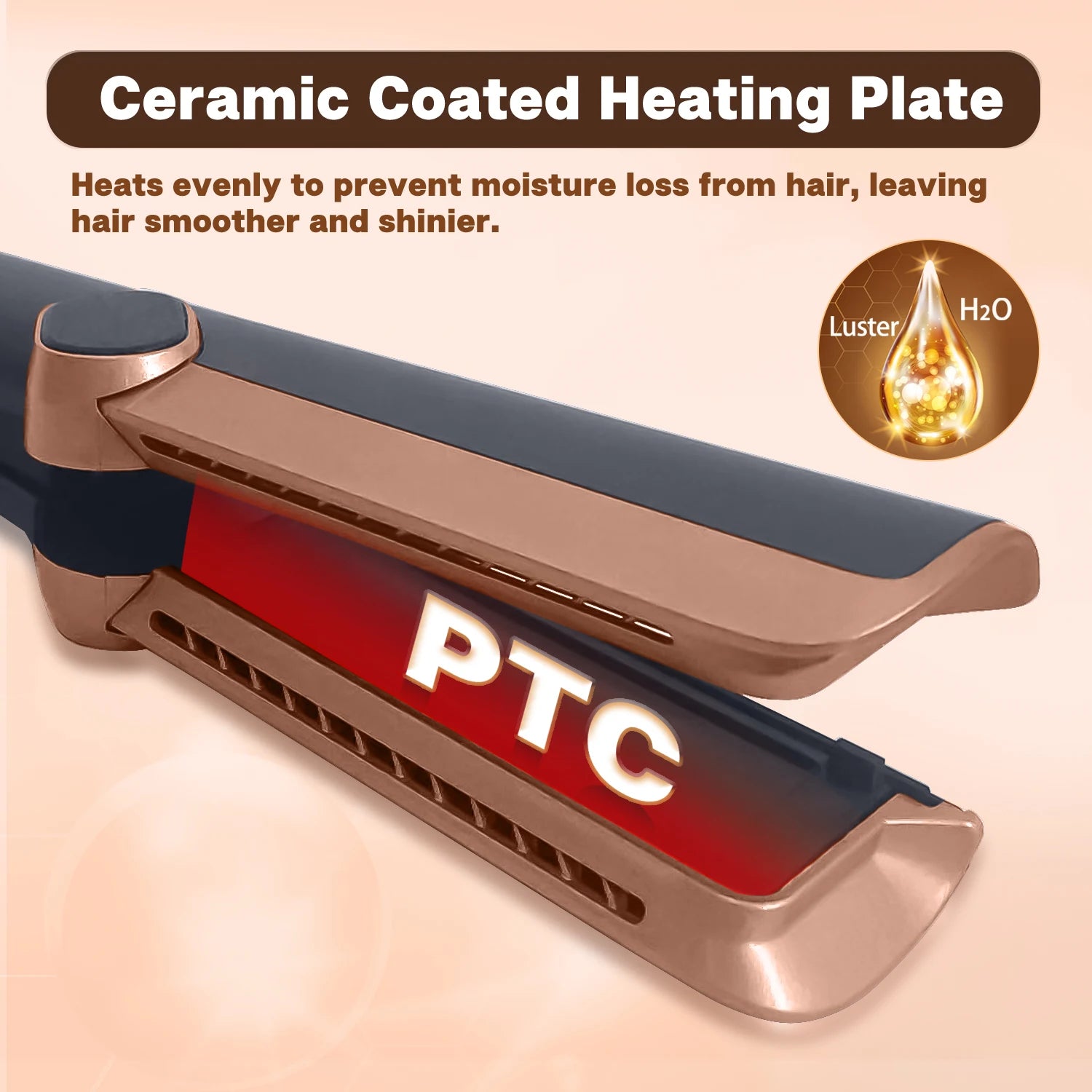 Black and bronze 2in1 hair straightener with ceramic coated PTC heating plates for smooth, shiny styling results.