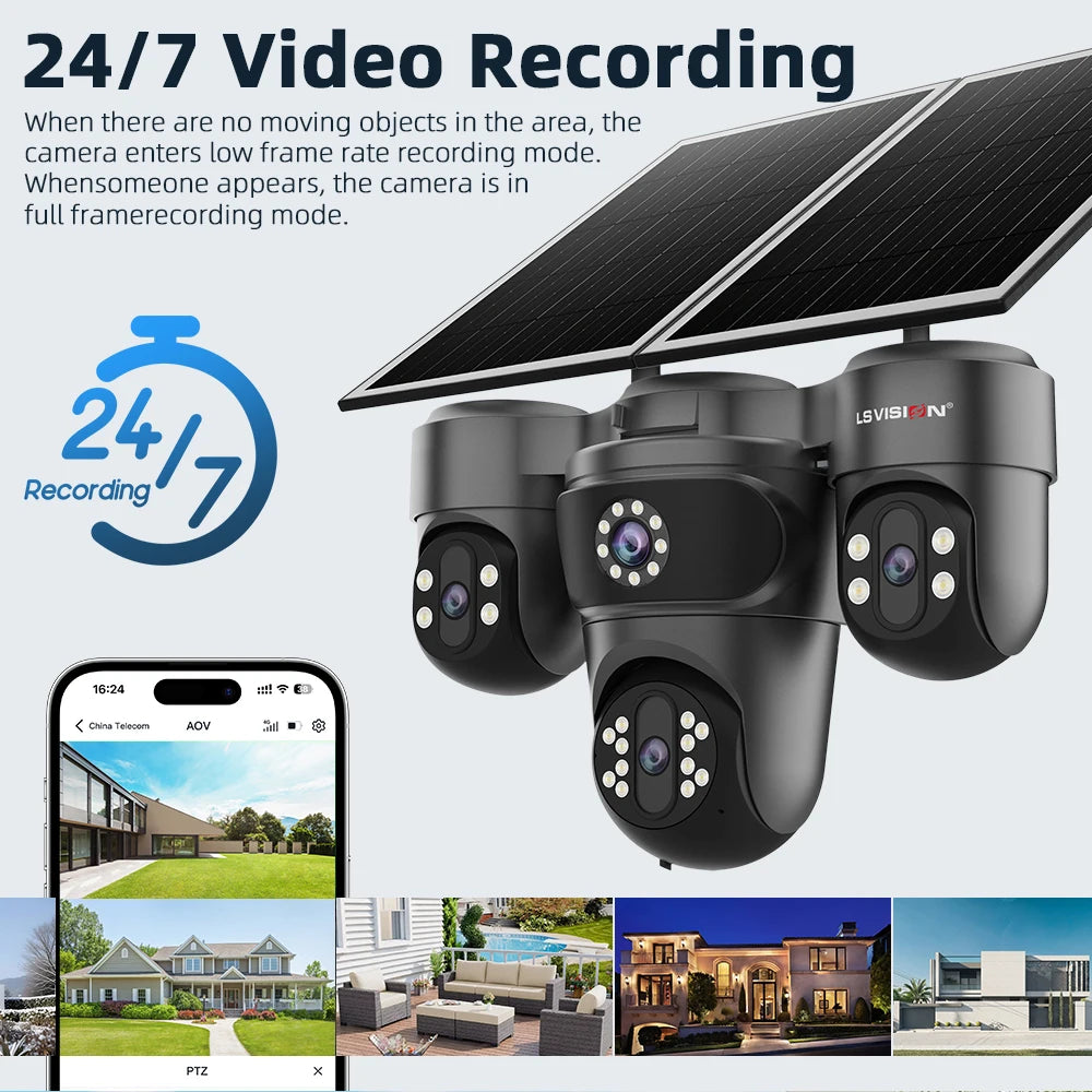 LS VISION 20MP 4 Screen 4G AOV  Solar Camera 12X Zoom 3 PTZ 360° 24/7 Video Recording  AI Humanoid Auto Tracking CCTV IP Camera