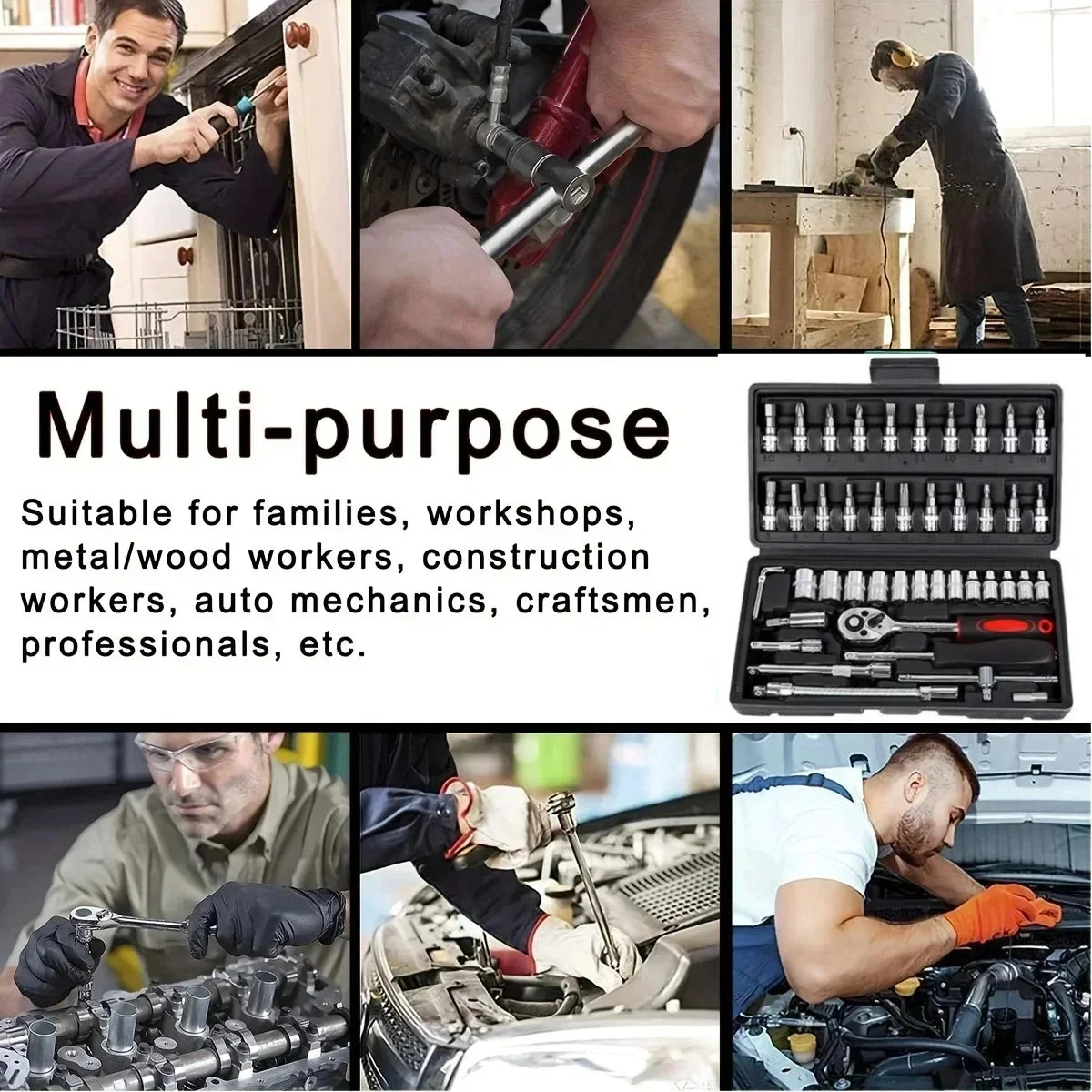Professional 46pcs Cr-V Steel Socket Set with Ratchet Wrench Storage Bag Durable Sockets Extension Bar for Auto Home Repair Tool