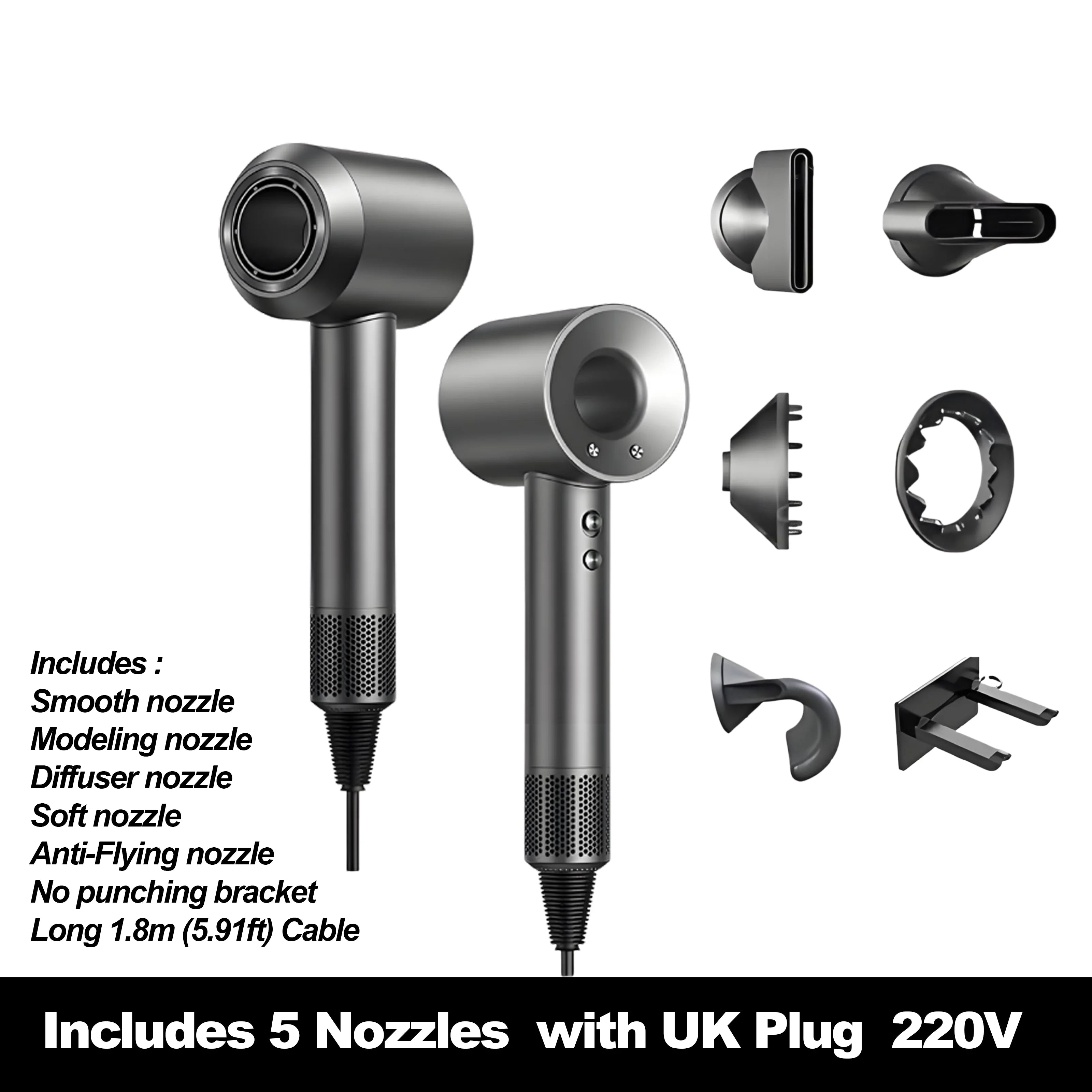 Grey high-speed hair dryer with 10M negative ions, 5 styling attachments, and wall bracket for professional salon care.
