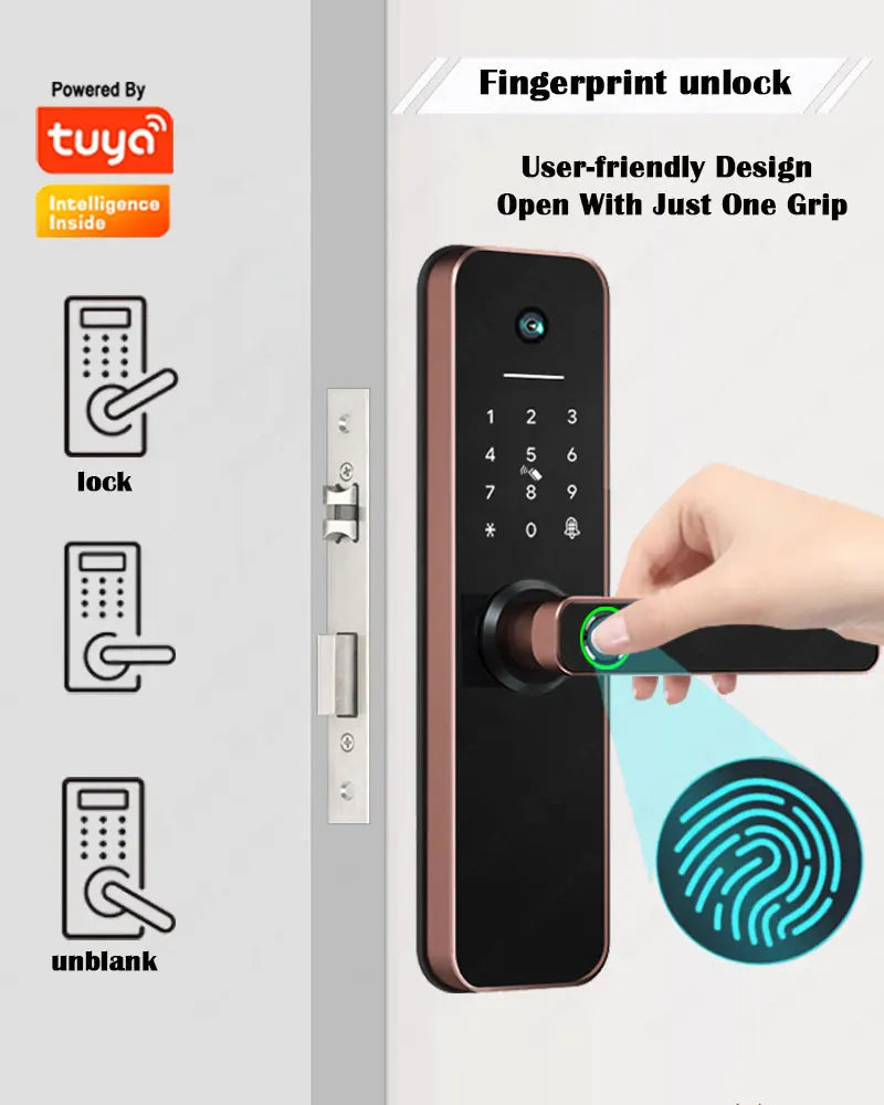 Tuya visual Wifi Digital Electronic Smart Fingerprint Door Lock With Biometric Camera intelligence Card Password Key Unlock