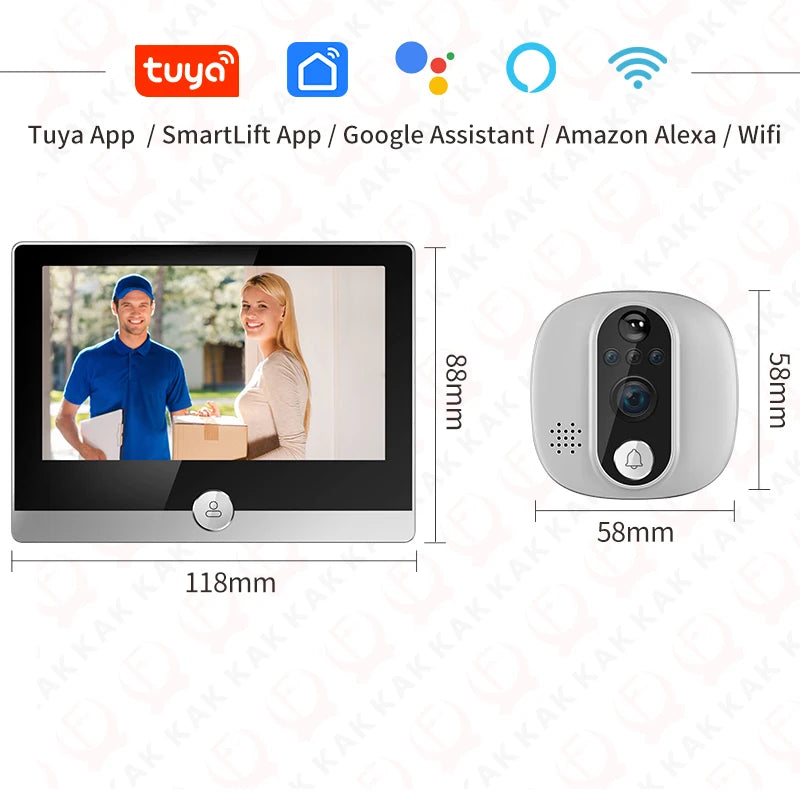 Tuya 1080p WiFi doorbell camera with 2-way display and gray peephole unit, app icons