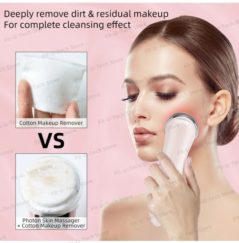 A person uses a handheld white, ergonomic facial massager with a glowing red light on their cheek for skin cleansing.