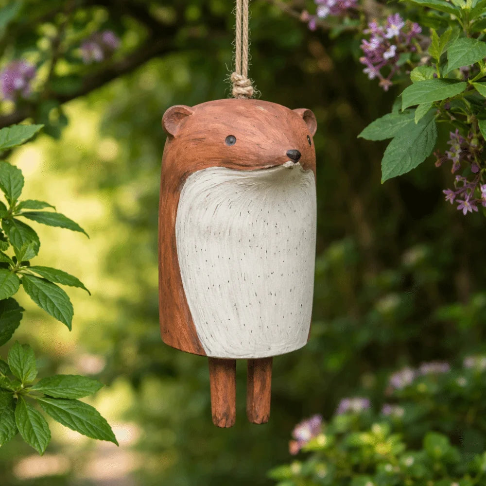 Cute fox wind chime resin craft for rustic garden decor, hanging outdoor animal ornament with a natural, charming look.