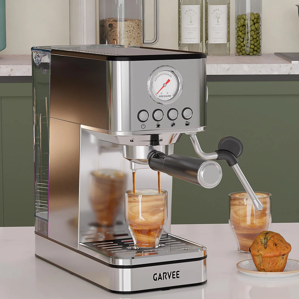 Garvee stainless steel espresso machine with milk frother, pressure gauge, and visible water tank on kitchen counter.