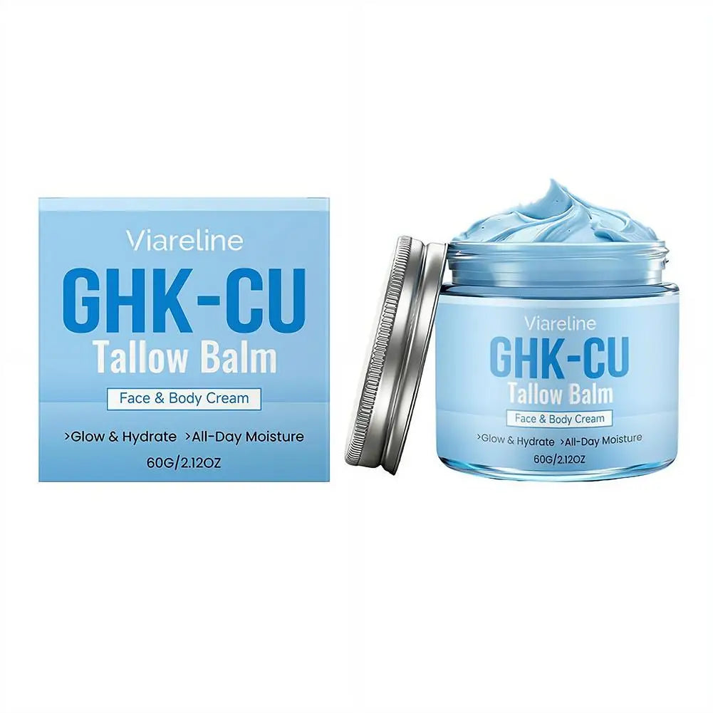 Natural GHK-CU Copper Peptide Tallow Balm Blue Cream - Brighten Hydrating Face & Body Moisturizer, for Dry Sensitive Mature Skin