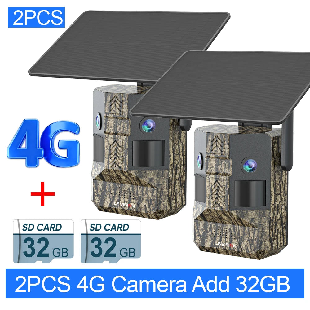 Dual-screen 4G LTE trail cameras, 2-pack, camouflage with dual lenses and 32GB SD cards