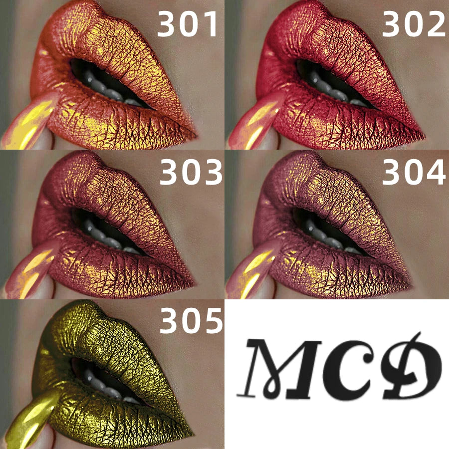 5 vibrant shades of pearlescent metallic lipstick with bold, intense glitter finish for long-lasting, shiny lip makeup.