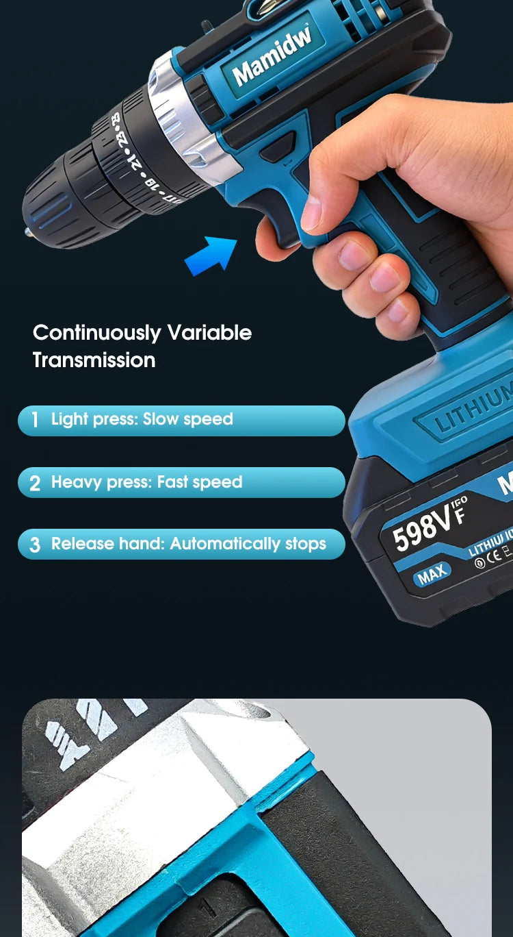 Mamidw Lithium Cordless Impact Drill 100N.M Max Torque 2350RPM Built-in LED Light Wireless Power Drill for Home Renovation & Construction Work, For Makita 18V Battery PIN