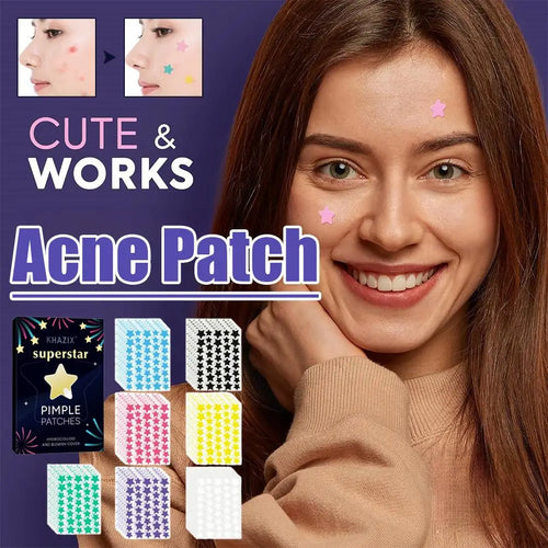 Star-shaped hydrocolloid acne patches on face, purple and pink star marks