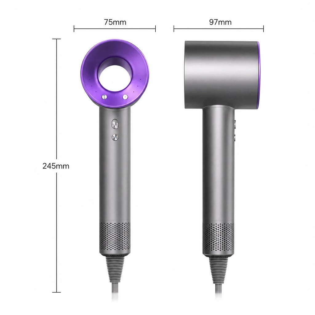 Grey and purple high-speed bladeless hair dryer with dimensions, featuring powerful motor and ergonomic design.