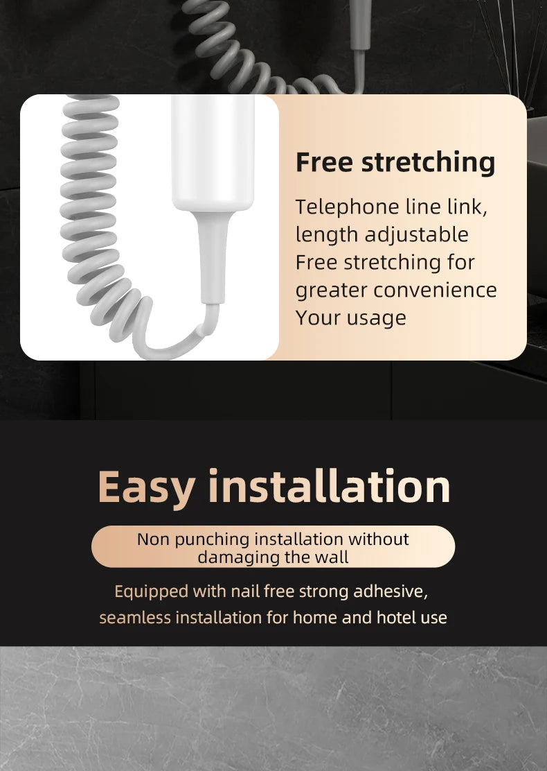 White wall-mounted hair dryer with stretchable coiled cord for easy home and hotel bathroom use.