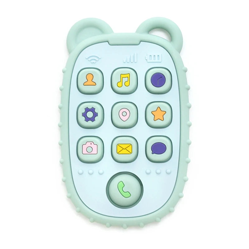 Green silicone phone baby teething toy for infant pain relief.