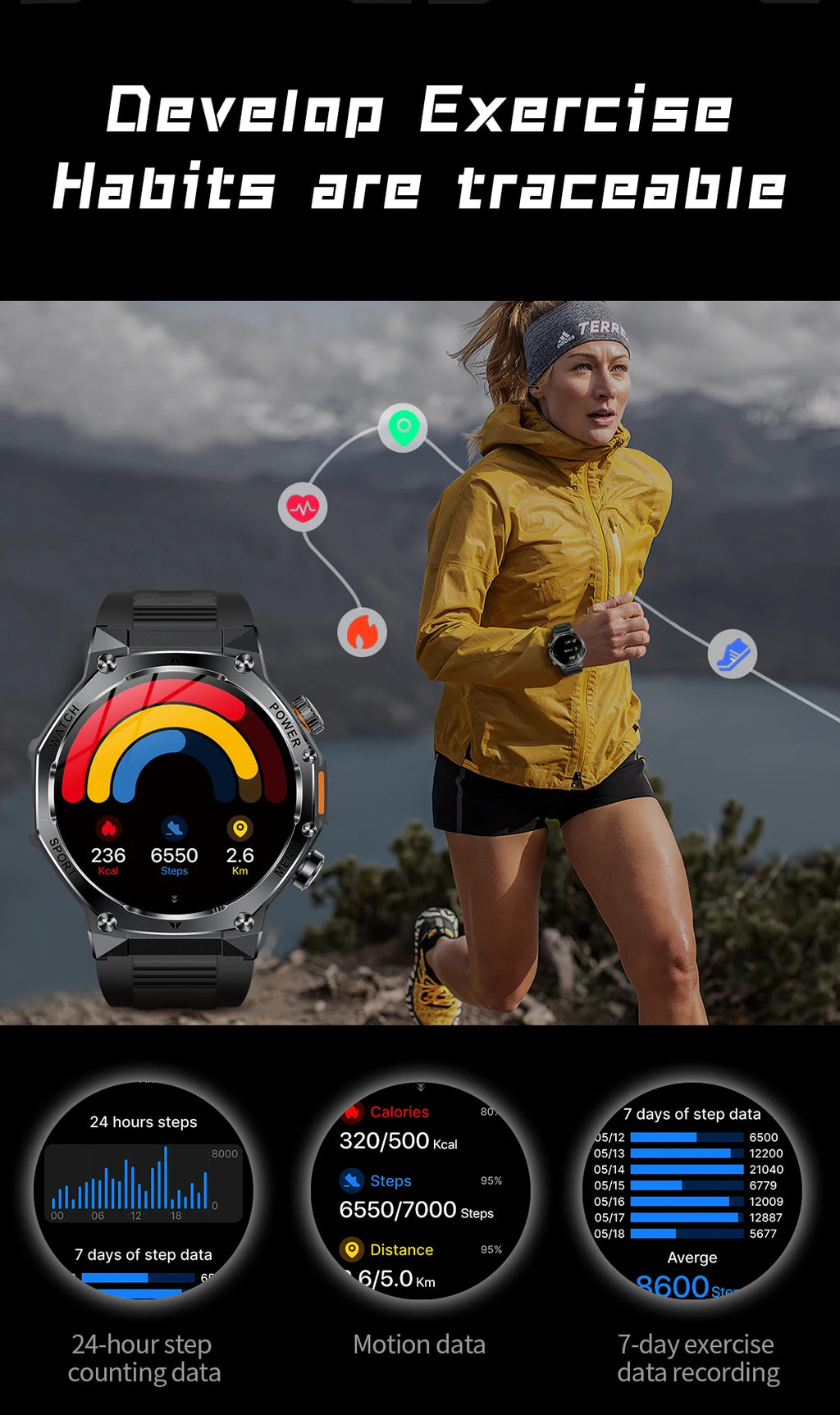 YLL-AK82 Outdoor Sport for Smart Watch Fitness Tracker Sleep Tracker IP67 Waterproof AMOLED Screen Heart Rate Monitor