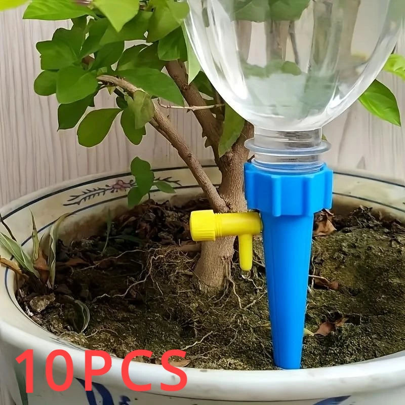 Blue automatic drip irrigation spike with yellow valve for potted plant watering.