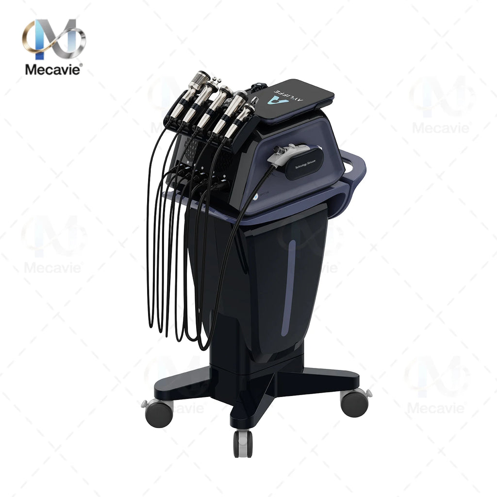 6-in-1 black professional oxygen dermabrasion facial machine with multiple treatment probes on a rolling stand base.
