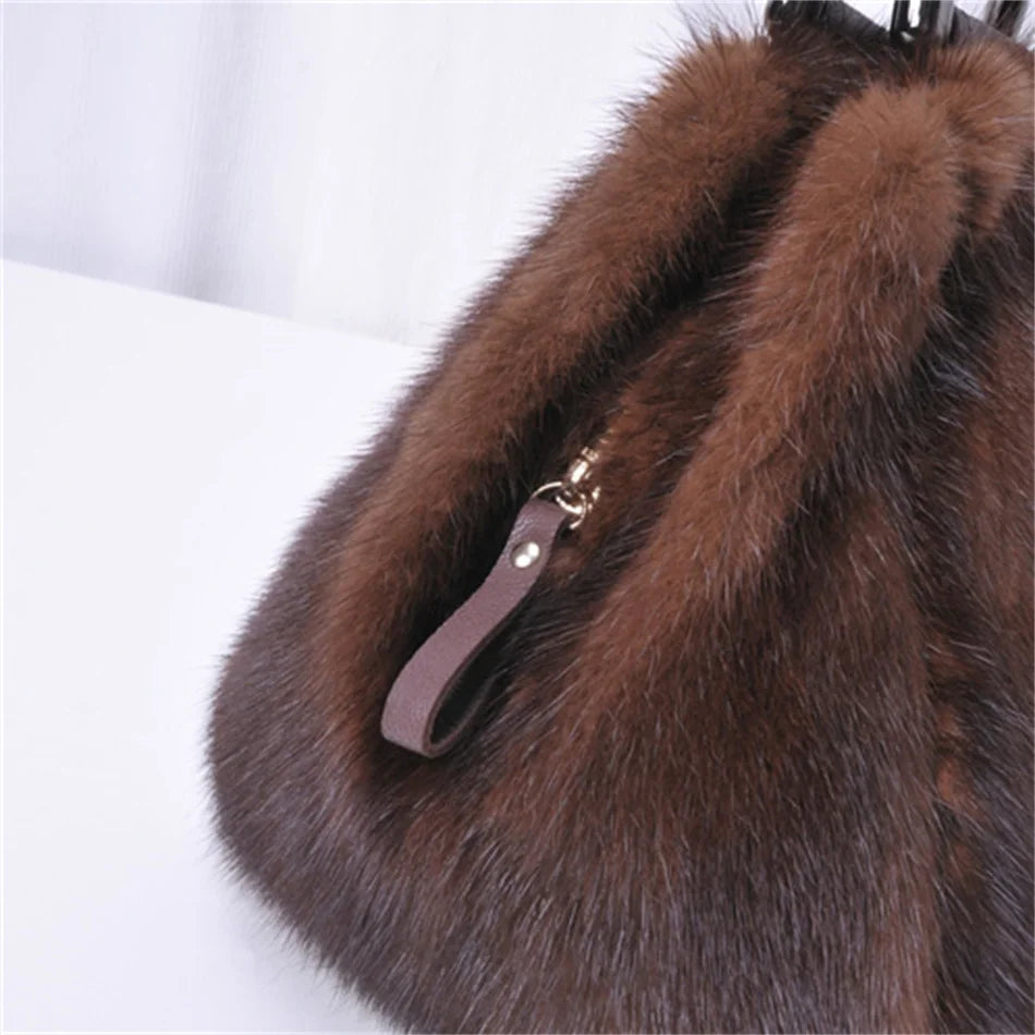 Women's Mink Fur Handbag 2026 New Fashion Designer Fluffy Fur Wrist Bag Large Capacity Soft Shopping Bag Girl Cute Handbag