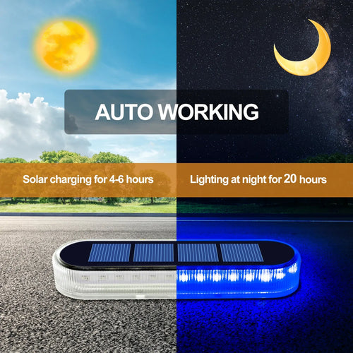 Solar LED deck light with blue strip glow and solar panel on asphalt