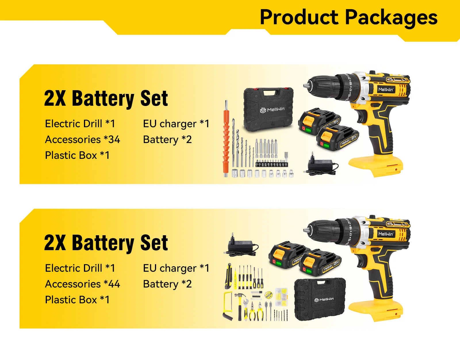 MELLWIN Cordless Electric Impact Drill Set 25+3 Torque Multipurpose Electric Screwdriver Power Tool For Makita 18V Battery Pin