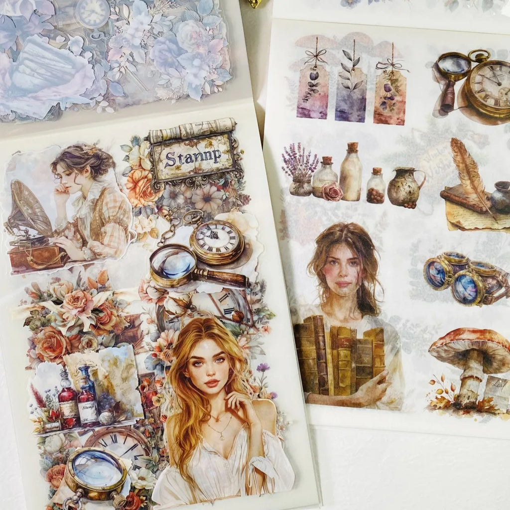 Journamm 20-sheet vintage aesthetic sticker book featuring floral, portrait, and antique designs for creative journaling.