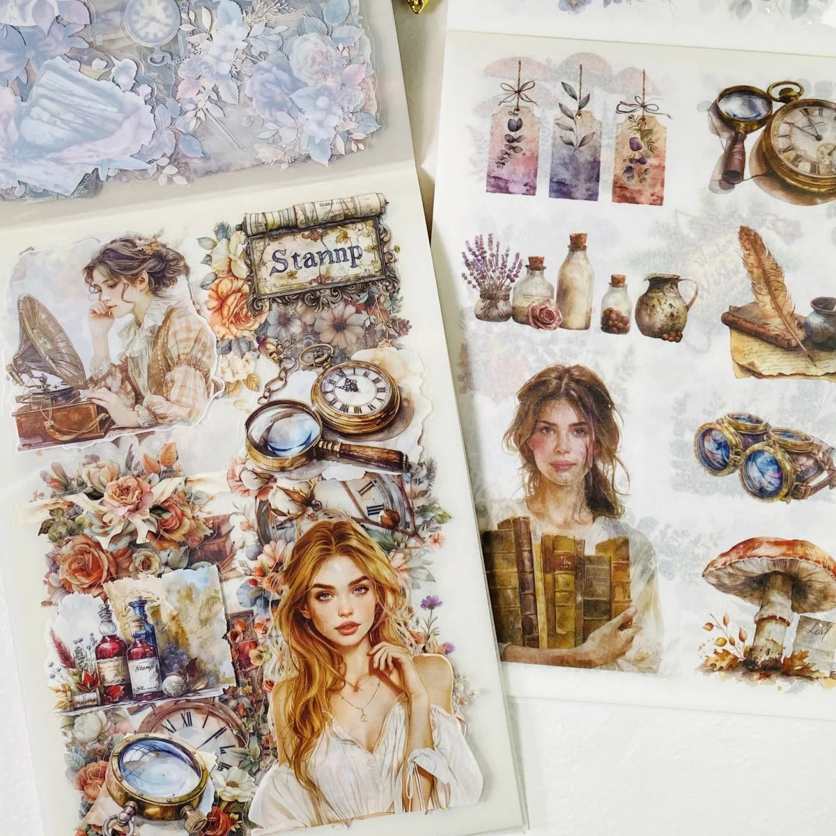 Journamm 20-sheet vintage aesthetic sticker book featuring floral, portrait, and antique designs for creative journaling.