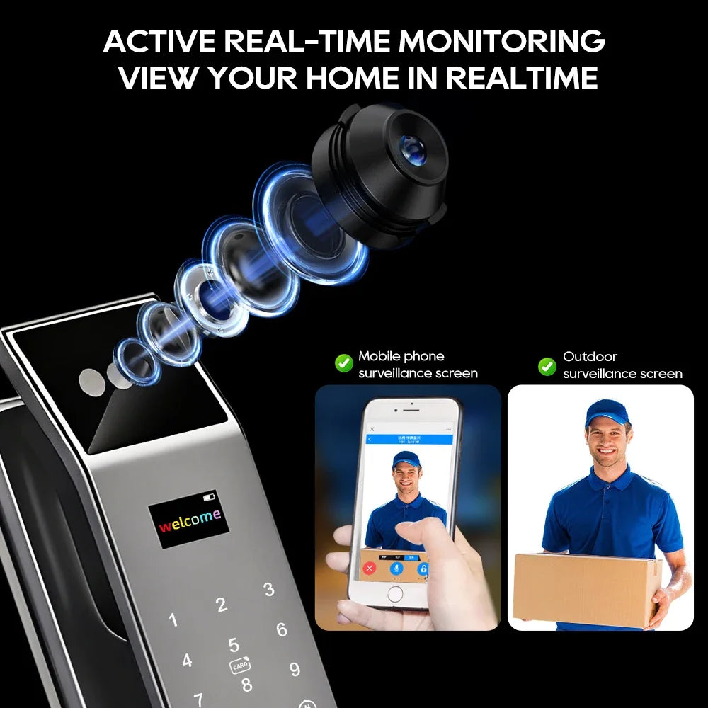 SANKESONG Tuya Smart 3D Face Door Lock with Security Camera Monitor Intelligent Fingerprint & Password Biometric Dual Battery