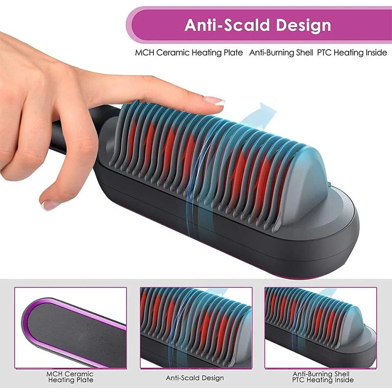 Portable black ceramic hair straightener brush with anti-scald design, MCH heating plate, and safe outer shell.