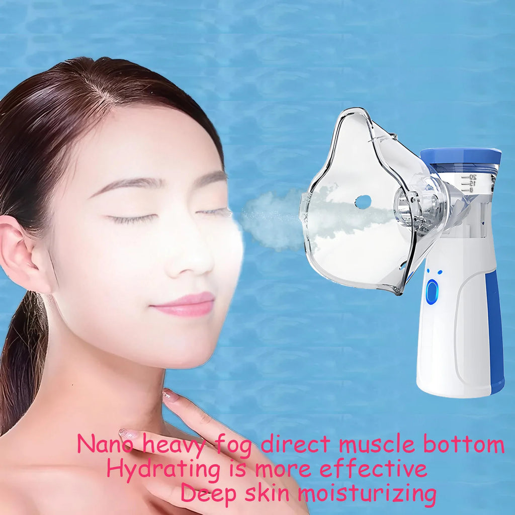 Woman using white and blue portable nano ionic facial steamer for deep pore cleansing and skin moisturizing.