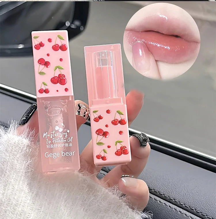 Gege Bear cherry lip balm and oil set in pink tube, providing a glossy, moisturizing, and sheer tint for tender lips.