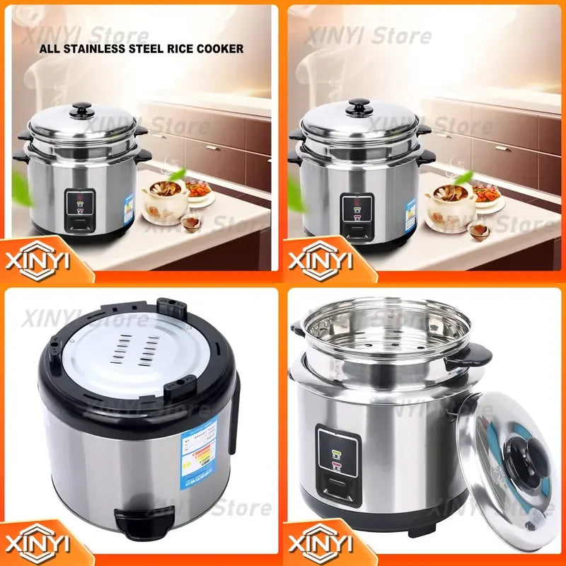 Stainless steel rice cooker multi-view collage showing lid and control panel