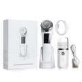 White RF/EMS facial massager kit with charging base, portable mister, and USB cable, shown next to its product box.