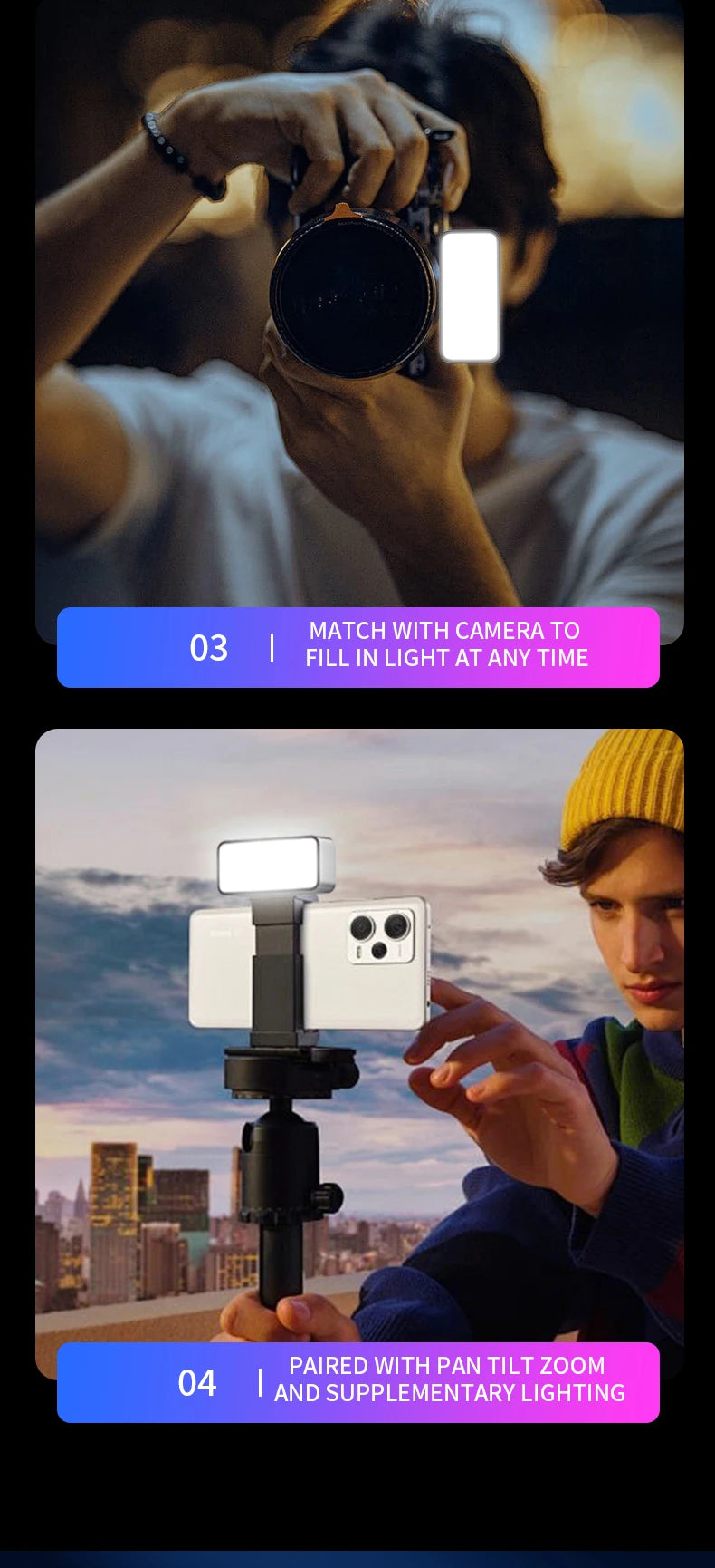 Small, rectangular LED fill light mounted on cameras and phones for mobile photography and video lighting.