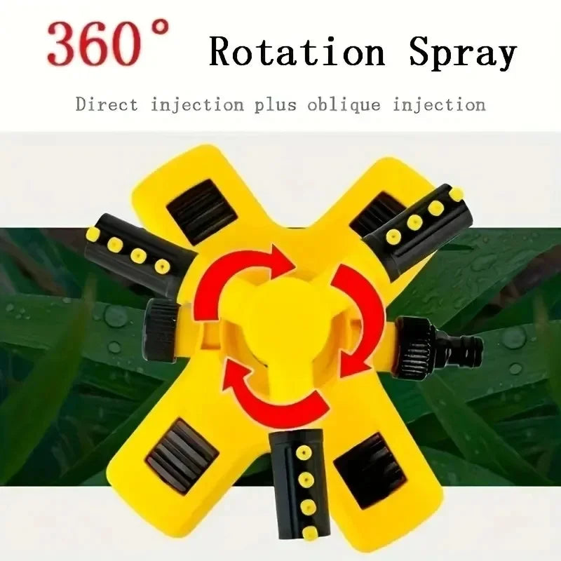 360-degree rotation spray sprinkler head diagram, yellow body with red rotation arrows