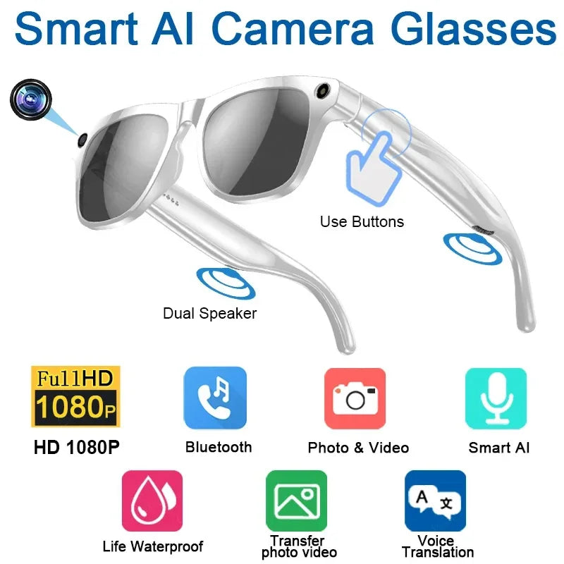 White smart glasses with built-in camera, dual speakers, and Bluetooth for photo, video, and voice translation.
