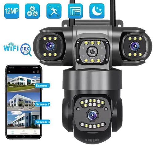 Outdoor PTZ WiFi security camera, black three-lens dome with rotating PTZ head