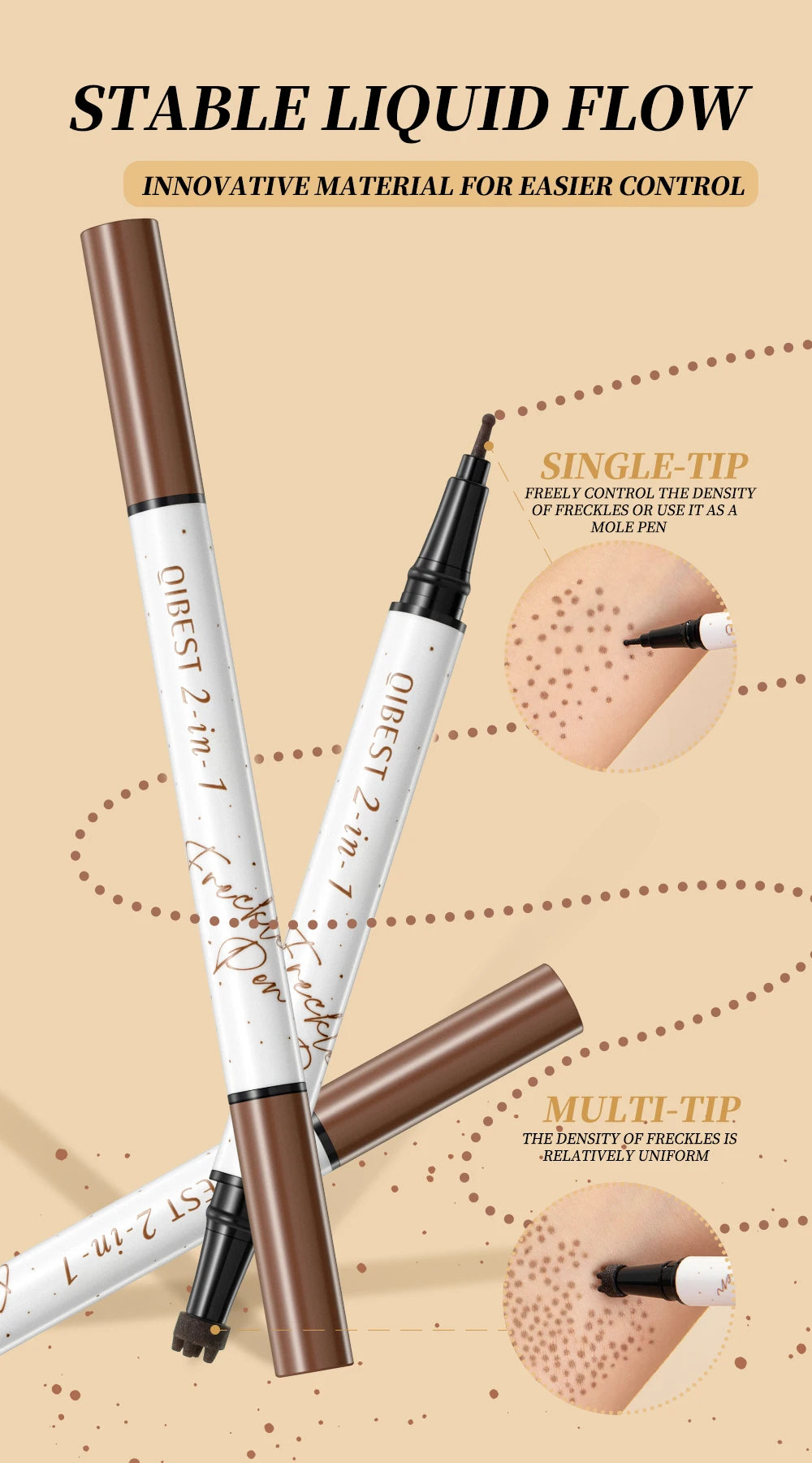 Tidesmit QIBEST double-end freckles stamp pen in natural brown for waterproof face contouring and makeup looks