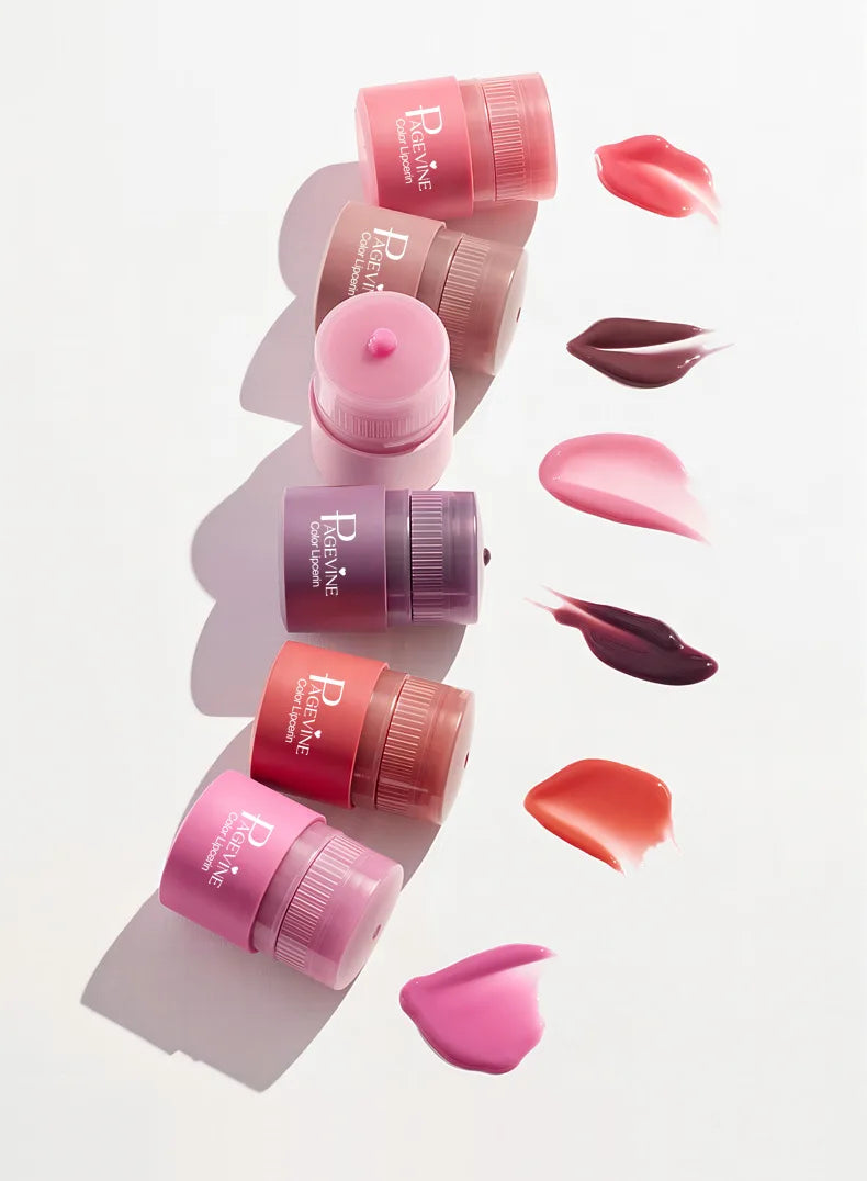 Trending twist-up lip balm set with moisturizing lip oil swatches in various shades on white background.