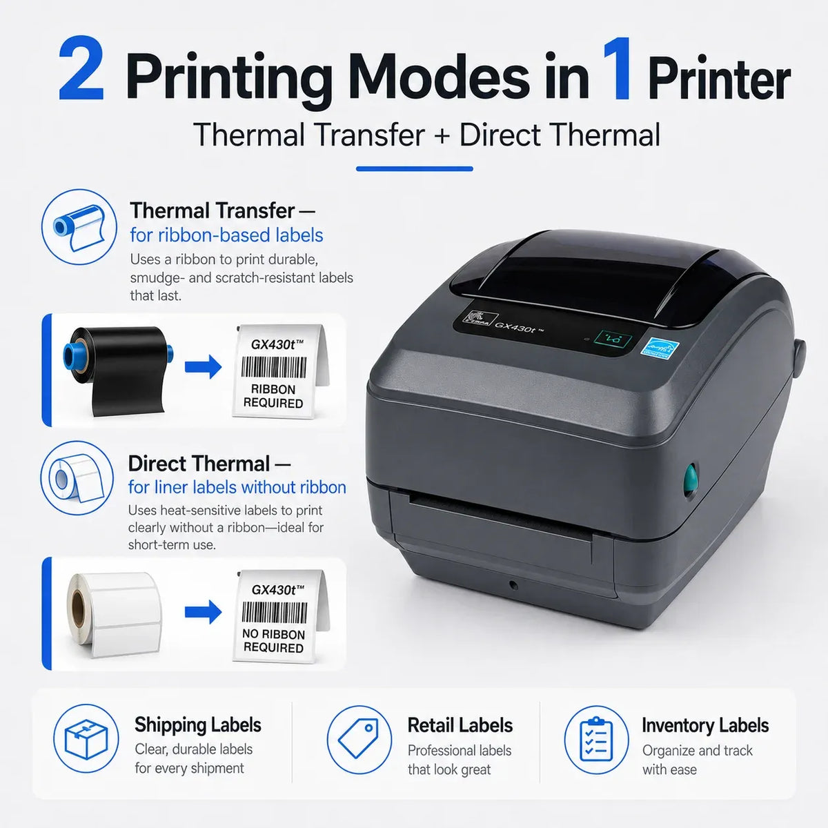 Zebra GX430T desktop label printer for thermal transfer and direct thermal