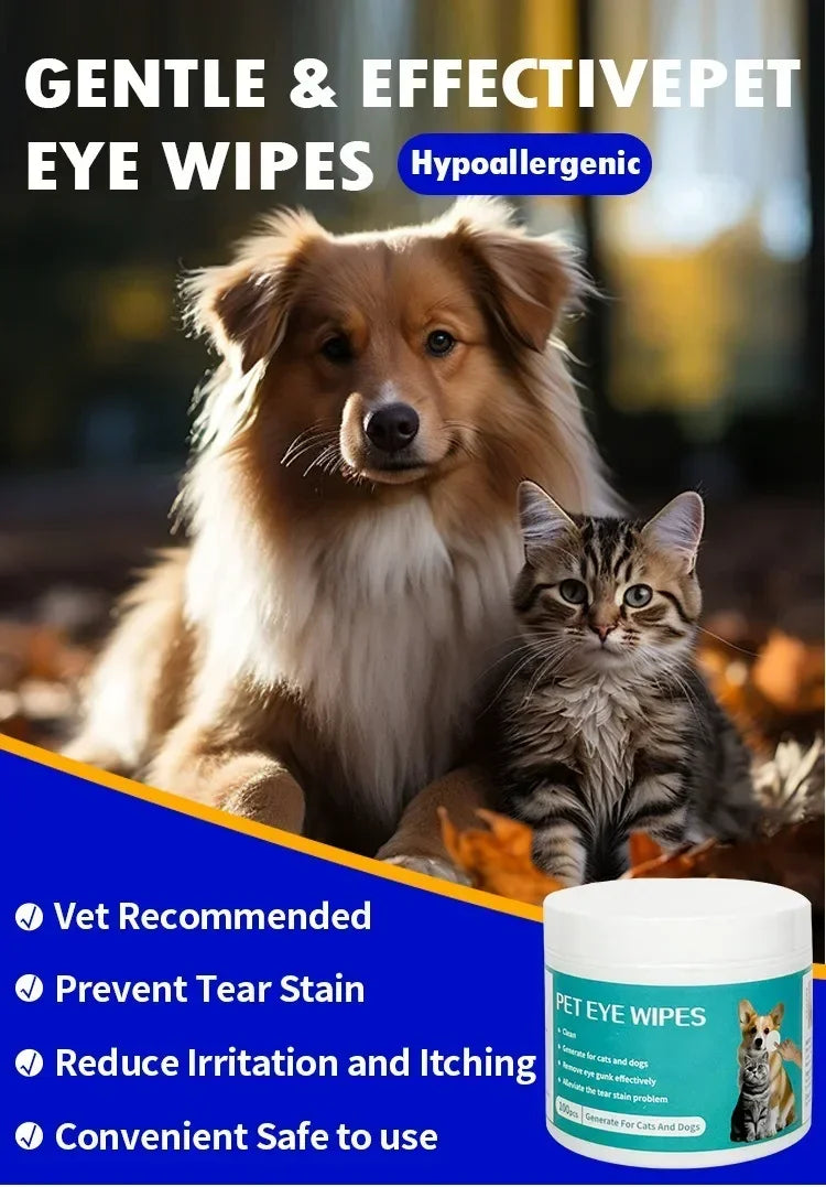 Hypoallergenic pet eye wipes for cats and dogs to remove tear stains, reduce irritation, and provide gentle grooming.