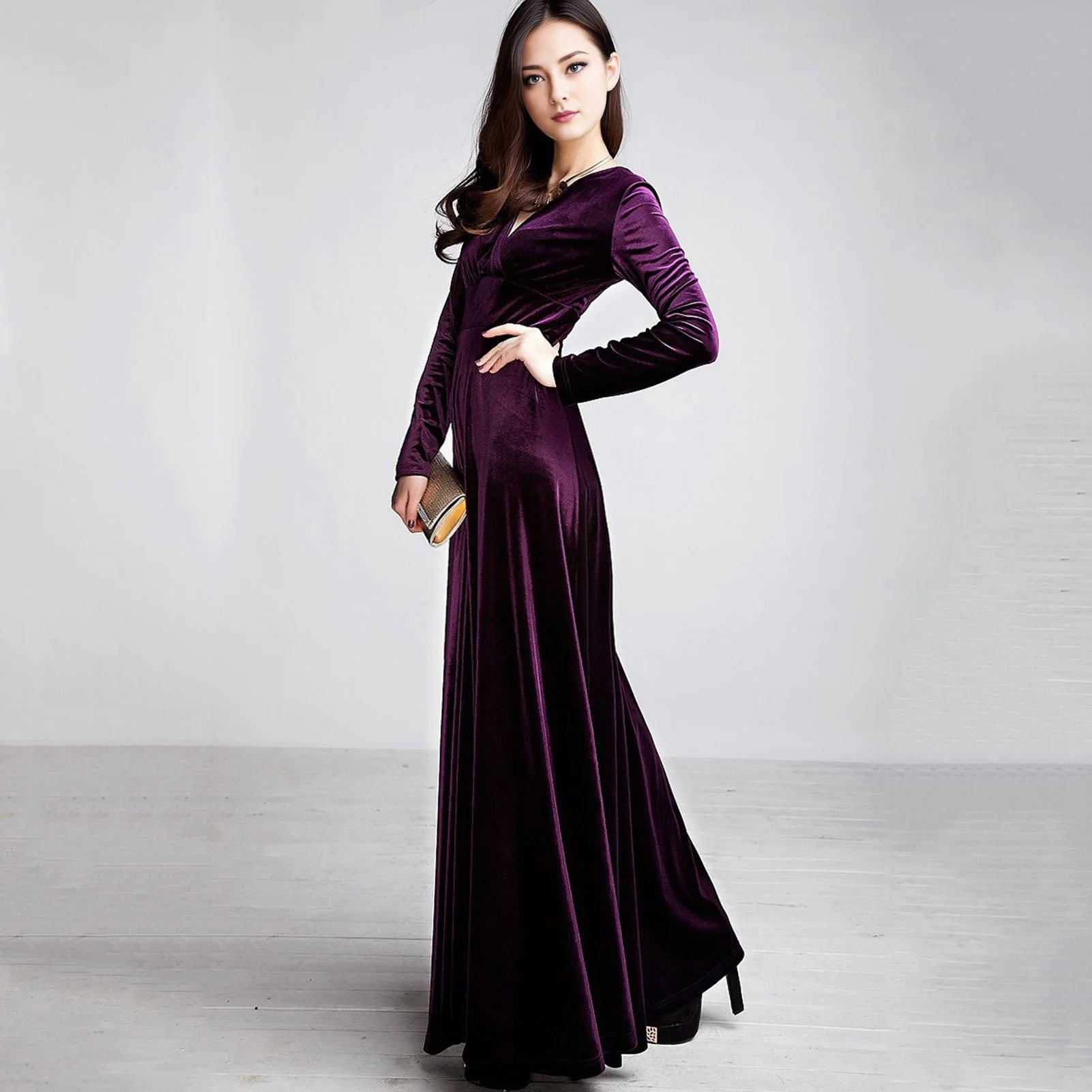 Vintage Women Autumn Long Sleeve V Neck Pleated Velvet Banquet Party Maxi Dress Party Wedding Elegant Evening dress 