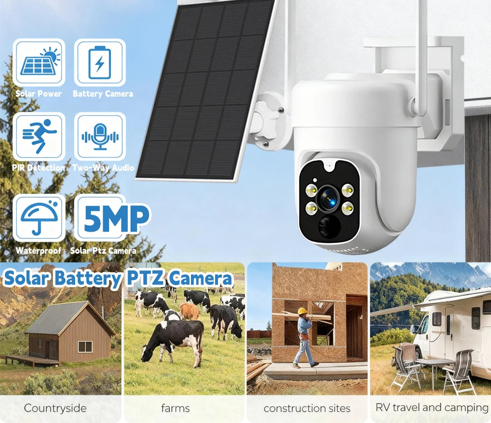 5MP EseeCloud Wireless Solar Outdoor Wireless PTZ Camera Built-in Battery 365 Days Standby Surveillance Camera With Solar Panel