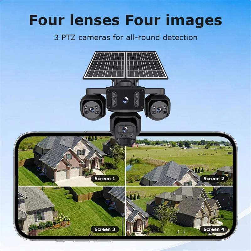 OKAM PRO AOV 24/7 Online Four Lens  AI Solar Camera Security Outdoor 360° Panoramic View CCTV  20100mAh Batterys Night Vision