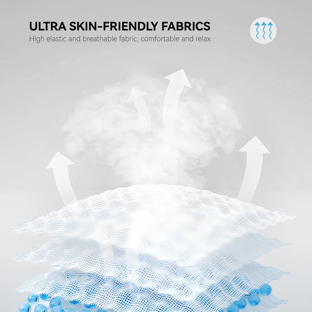 Layered white breathable mesh fabric with upward arrows showing airflow, set against a light gray background.