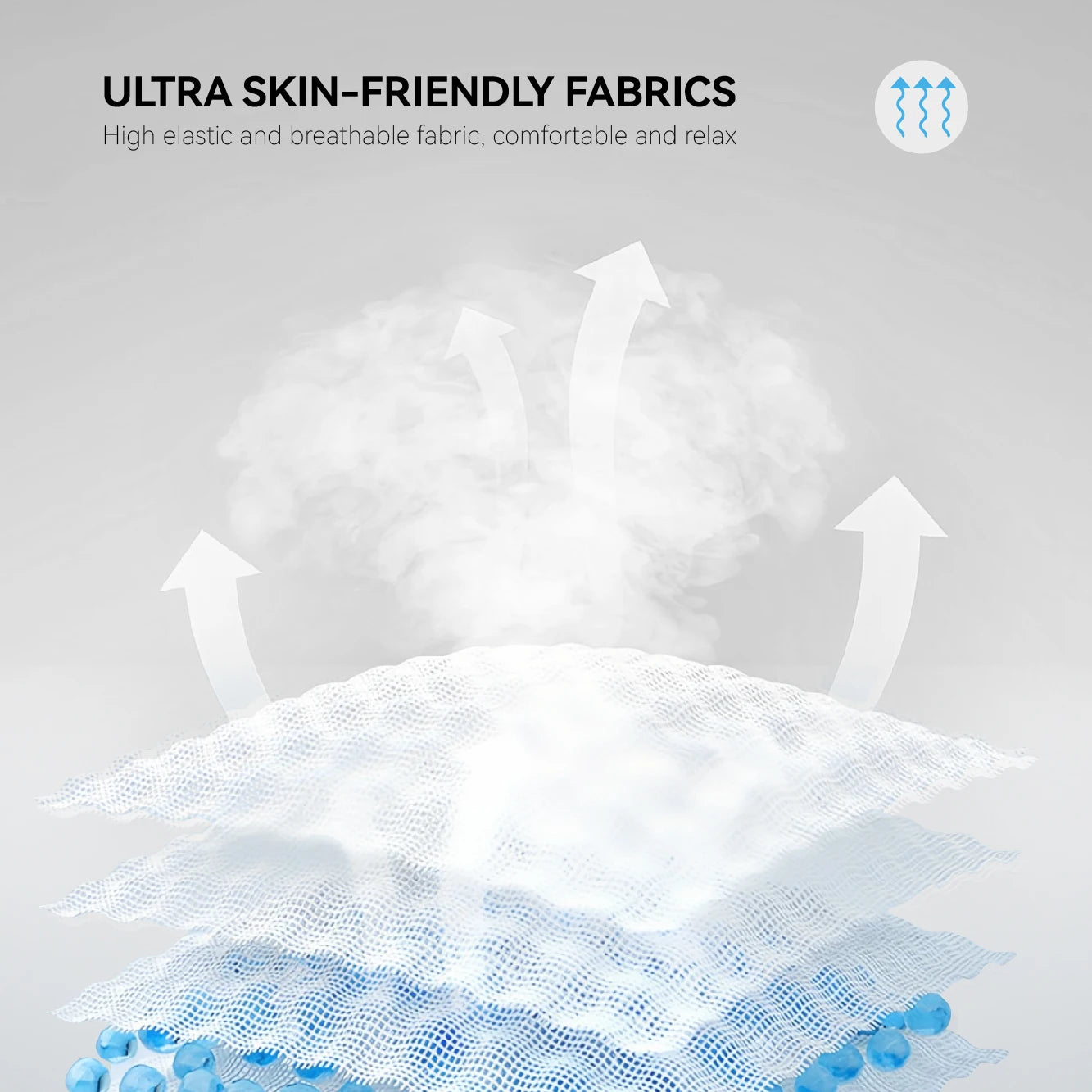 Layered white breathable mesh fabric with upward arrows showing airflow, set against a light gray background.