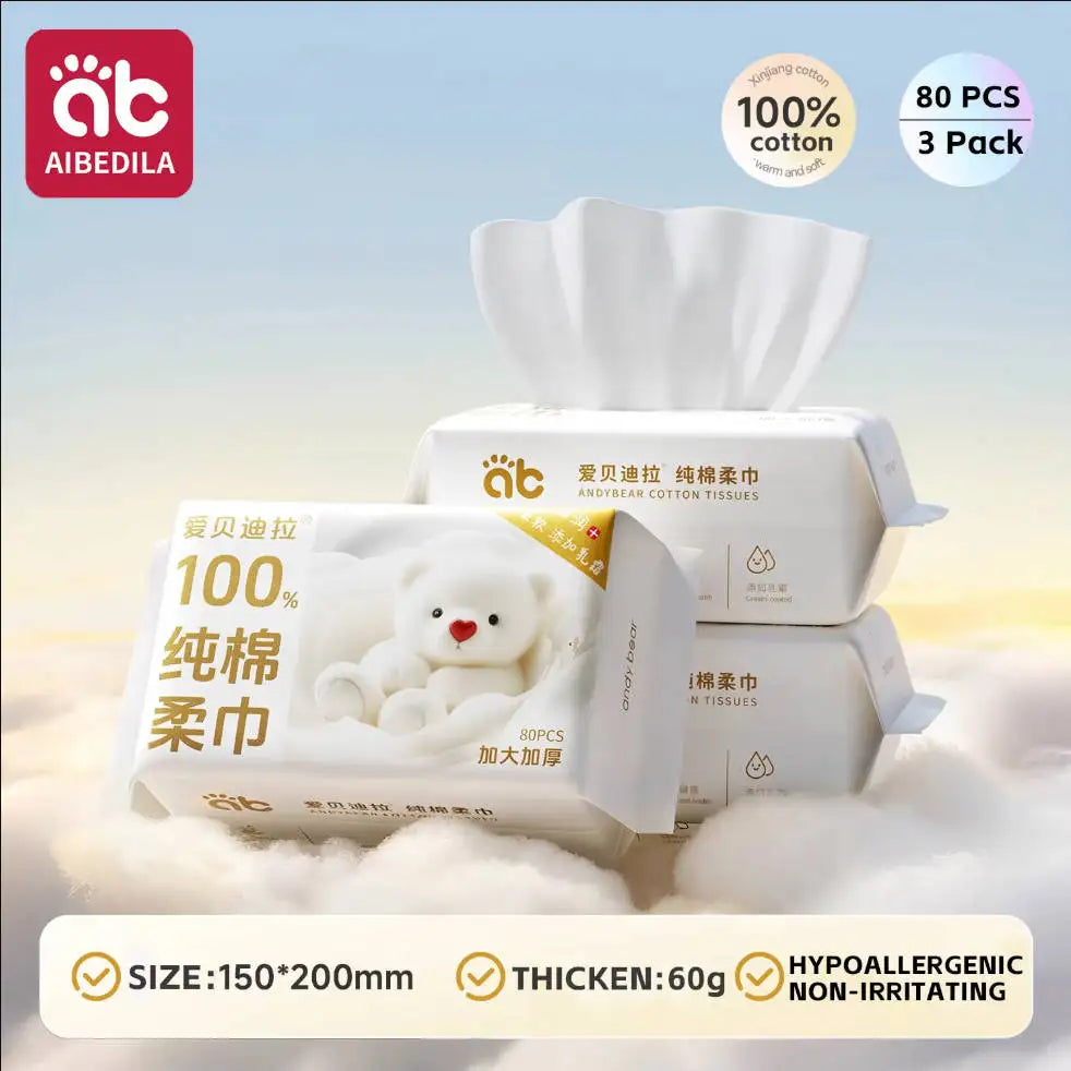 AIBEDILA 100% cotton baby care wipes, 3-pack (80 pcs each). Hypoallergenic, thick, soft tissues for sensitive skin.